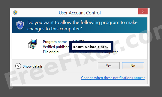 Screenshot where Daum Kakao Corp. appears as the verified publisher in the UAC dialog